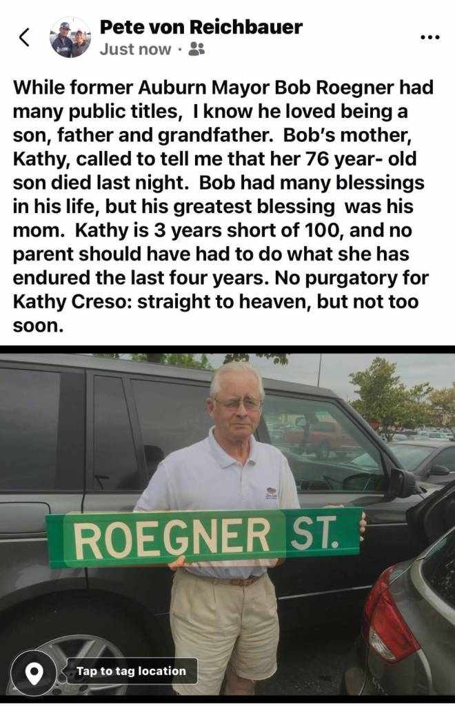A social media post by King County Councilmember Pete von Reichbauer on Roegners passing. Courtesy photo