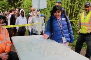 4th grade students line up to wait their turn to release salmon at the Storming the Sound event this week. Photo by Keelin Everly-Lang / the Mirror