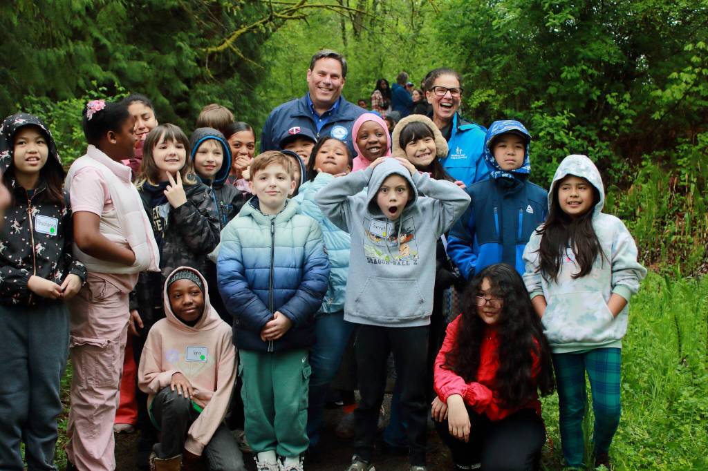 Mayor Jim Ferrell and Superintendent Dr. Dani Pfeiffer joined students at the annual Storming the Sound with Salmon event at the Hylebos Blueberry Farm Park on April 29. Photo by Keelin Everly-Lang / the Mirror