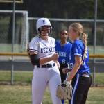 Audrey Deviney gives a smile and a fist bump to Meegan Meagher on second base. Ben Ray / The Mirror