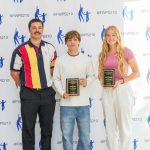 Federal Way Mirror Sports Reporter Ben Ray stands with the Athlete of the Year Winners Austin May (center) and Meeghan Meagher (right). Photo provided by FWPS