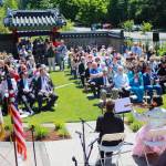 The audience was seated on the Taegeuk patterned lawn as they enjoyed a performance by Elina Berkovich on the haegeum and Marie Park on the violin. This view is from the pavilion itself. Photo by Keelin Everly-Lang / the Mirror