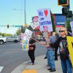 Protesters at the No Kings demonstration in Federal Way at the corner of Pacific Highway S. and S. 320th St. Photo by Keelin Everly-Lang/the Mirror
