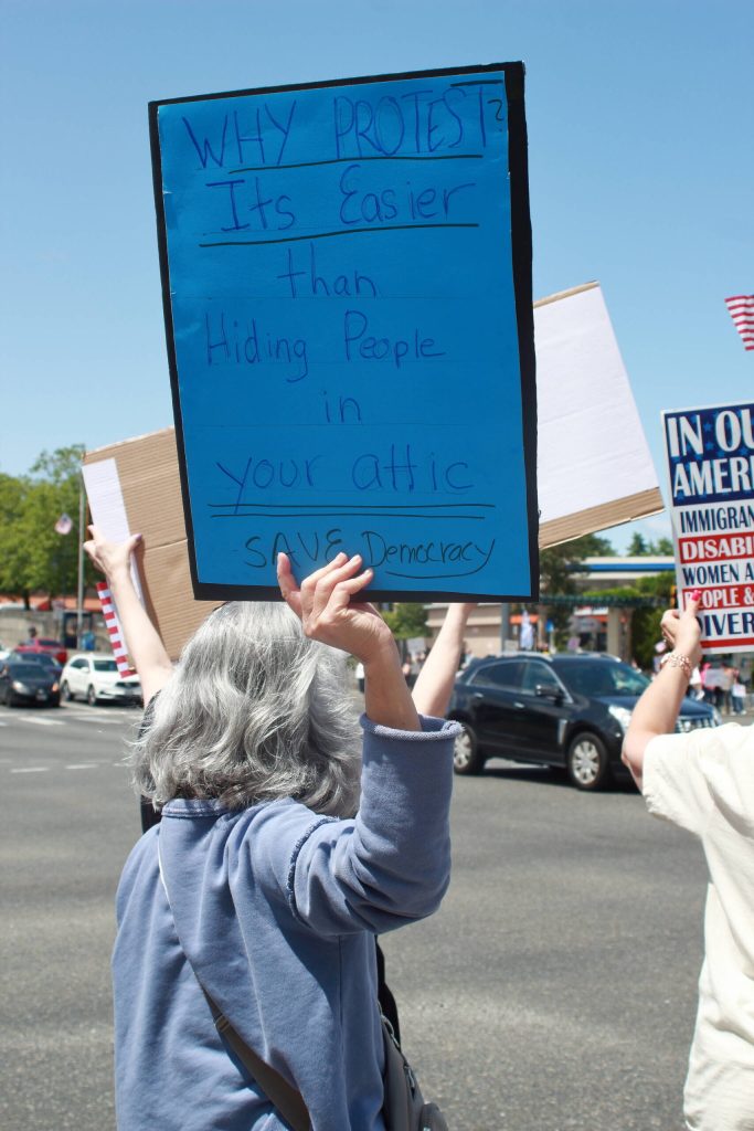 One protester told the Mirror that she came to the demonstration to highlight the parallels between actions of the current administration and her experiences in the Philippines during the Marcos dictatorship. Photo by Keelin Everly-Lang/the Mirror