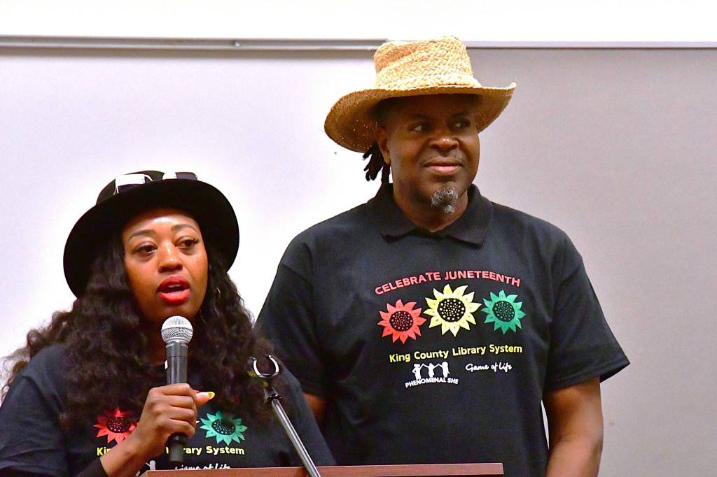 Carlecia and Winston Bell are community leaders who run Phenomenal She and Game of Life Mentoring, respectively. Their organizations were the hosts of this years Juneteenth event at the King County public library in Federal Way. Photo by Bruce Honda.