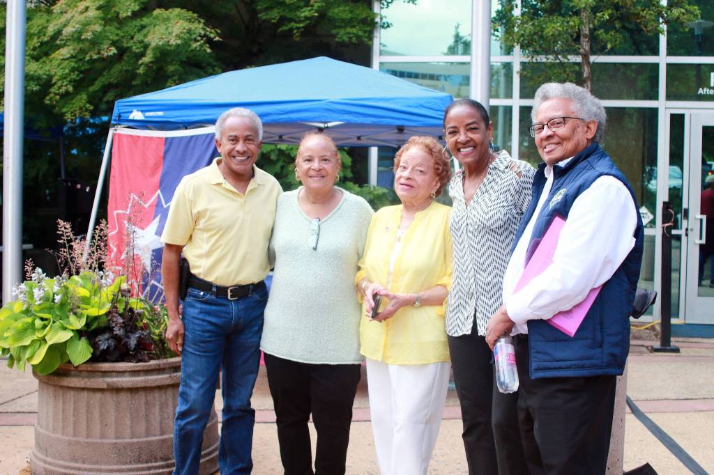 Several members of the Booker family were in attendance at the Federal Way Juneteenth flag raising on June 18. From left to right: Brad Booker, Debbie Booker, Vivian Lee, Marcia Booker and Harold Booker II. Photo by Keelin Everly-Lang / the Mirror