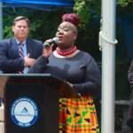 Pamela Bowman performed the National Anthem and the Black National Anthem (Lift Every Voice and Sing) at the Juneteenth flag raising at City Hall. Photo by Keelin Everly-Lang / the Mirror
