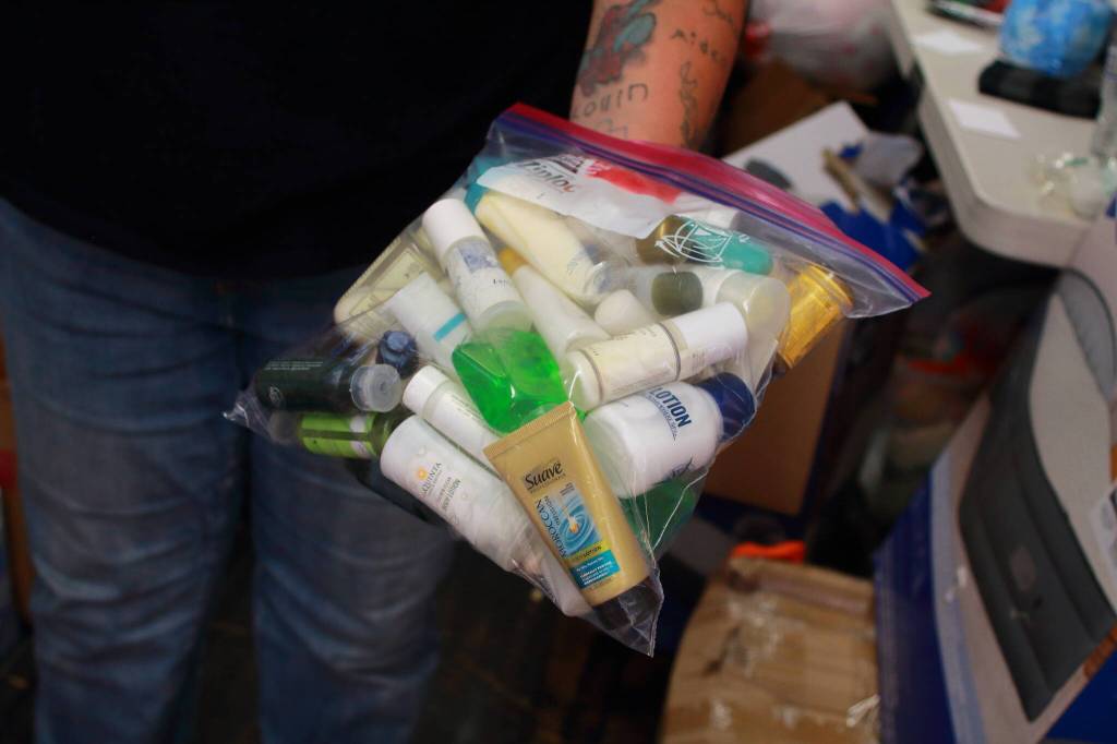 Toiletries are always a need, especially smaller sizes like these. Kris Cornyn also accepts full size toiletries and will transfer them to small bottles so they can be handed out. Photo by Keelin Everly-Lang / the Mirror