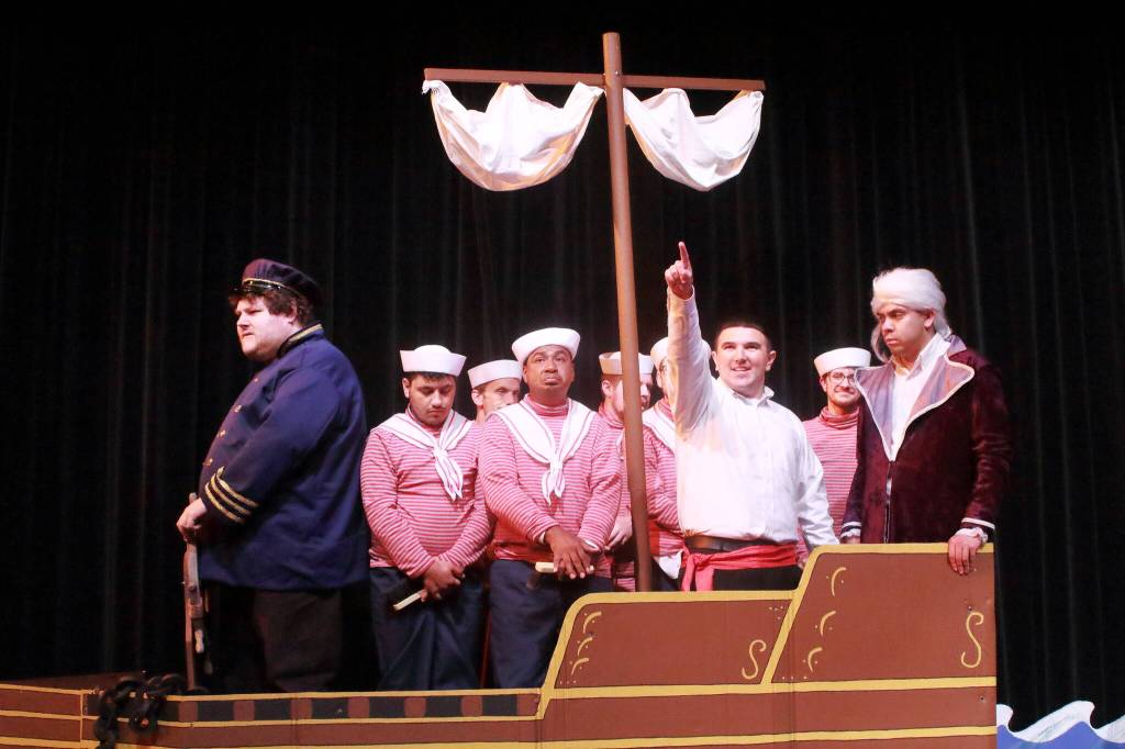 Dakota Rauscher as the pilot along with sailors, Joey Beltran as Prince Eric and Michael Donaldson as Grimsby. Photo by Keelin Everly-Lang / the Mirror