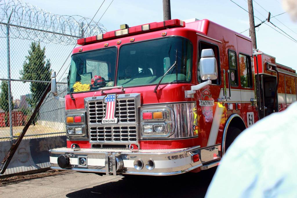 Several emergency vehicles entered the Tacoma Northwest Detention Center during the July 5 demonstration, which La Resistencia representatives said is a common occurrence stemming from issues with healthcare access for detainees that has been documented by the University of Washington. Photo by Keelin Everly-Lang / the Mirror