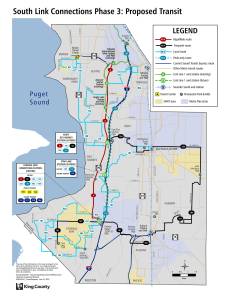 The South Link Connections Phase 3 Proposed Transit from King County Metro includes changes meant to provide greater transit coverage, improved early morning and nighttime service, faster travel times with and beyond the project area, improved east-west connections and increased weekend service especially on Sundays. Graphic courtesy of King County Metro.
