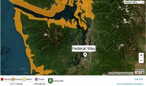 Federal Way is not currently under a tsunami watch according to NOAA. Screenshot of the live tsunami map from https://tsunami.gov/