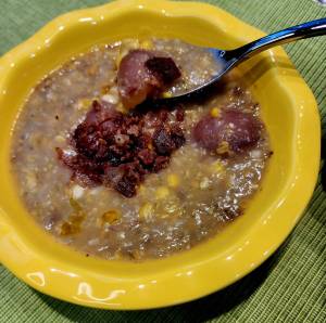 Potato corn chowder with lavender. Photo by Vickie Chynoweth