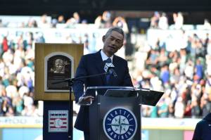 Ichiro takes the podium during his number retirement ceremony. Ben Ray / Sound Publishing