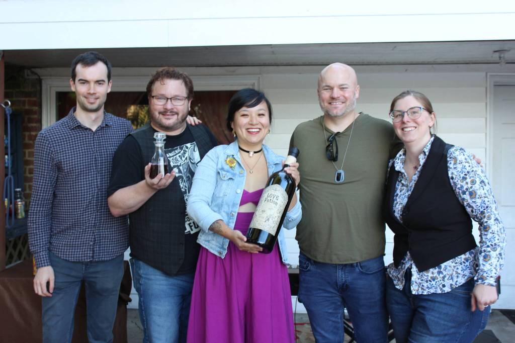 Opera Unbound put on a 2022 production of Elixir of Love. Pictured from left to right: Luke Raffanti, Rob McPherson, Ivy Zhou, Mike Heitmann, and Rachelle Moss. Courtesy photo