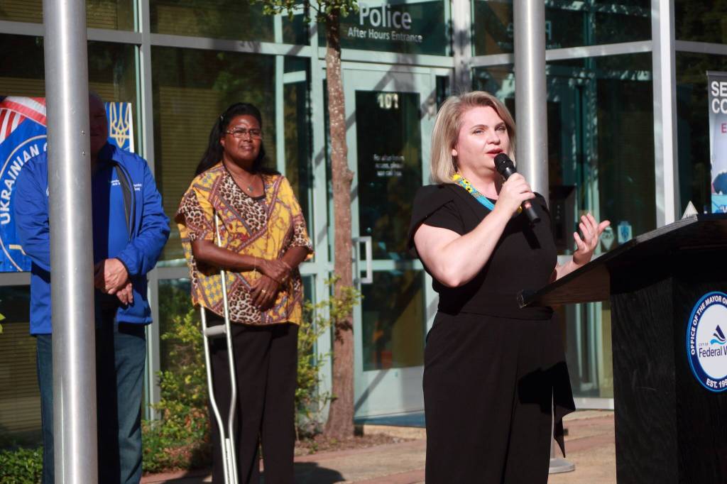 Lili Kovolenko speaks at the flag raising in her role as the President of the Ukrainian Association of Washington State. Photos by Keelin Everly-Lang / the Mirror