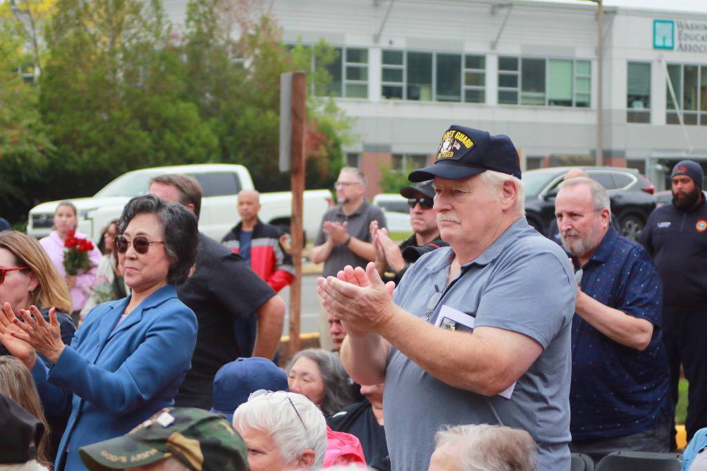 Veteran Randy Williams applauds at the 9/11 memorial event hosted by South King Fire. Photo by Keelin Everly-Lang / the Mirror