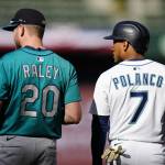 Luke Raley and Jorge Polanco stand beside each other during the scrimmage at T-Mobile Park. Photo credit Ben VanHouten/Seattle Mariners