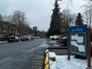 The Pavilion Apartments near the entrance on Feb. 14, 2025. File photo.