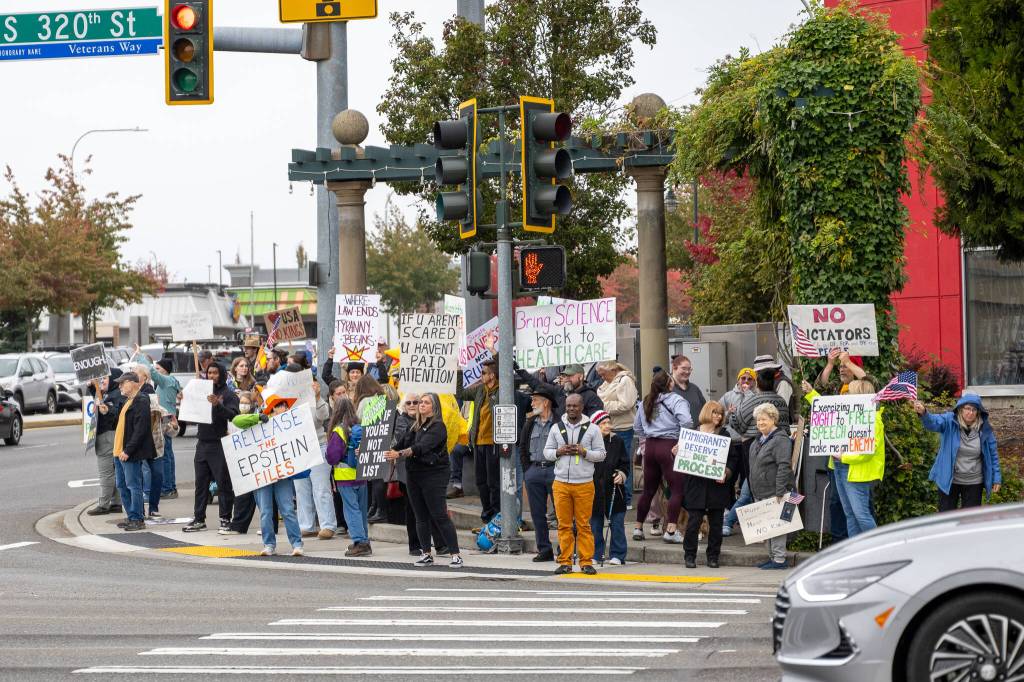 Protesters held signs demanding the release of the Epstein files, expressing that immigrants deserve due process, asking for science to be brought back to healthcare and stating that where law ends, tyranny begins. Photo by Rachel Jones
