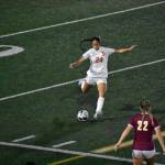 Claire Kasperson controls the ball for the Raiders. Photo by Ben Ray/The Mirror