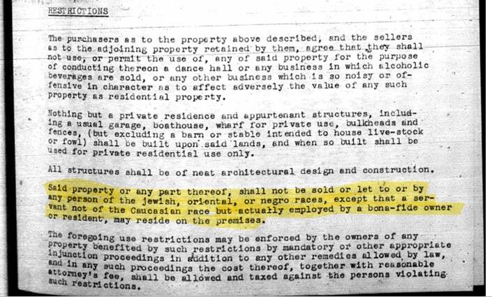 Language including racial restrictions in the original Statutory Warranty Deed of the Crestview Shoreclub, which originally consisted of 23 properties adjacent to Camp Kilworth.