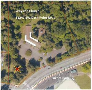 Wayside United Church of Christ (UCC) is located at 31247 SW Dash Point Road. Out of two portions of the property that are currently vacant and wooded, the church believes that the portion of their property located at the intersection of SW Dash Point Road and 21st Avenue (marked by X on the map) would be the most appealing to a potential buyer. Image from city documents