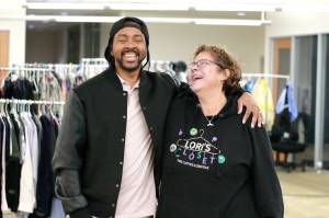 Anthony Curtis and Lori Cooper at Loris Closet, a free community resource that is one program run by the Black Equality Coalition in Federal Way. Photo by Keelin Everly-Lang / the Mirror