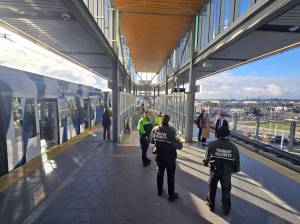 The Federal Way light rail station features colorful glass art installations and a view of Federal Ways developing downtown core. Photo by Keelin Everly-Lang / the Mirror