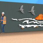 In artists Ben Dye and Travis Ponds proposal, they share a vision to celebrate the Stewards of the Living City by creating a metalwork landscape of city and natural elements as well as images of the workers behind the wall. (Artist image)