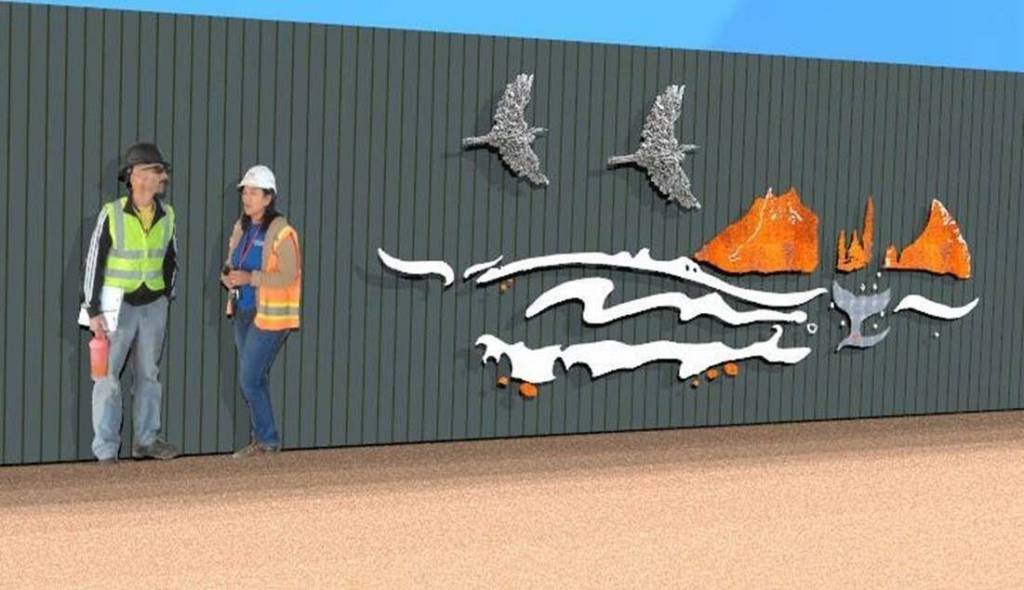 In artists Ben Dye and Travis Ponds proposal, they share a vision to celebrate the Stewards of the Living City by creating a metalwork landscape of city and natural elements as well as images of the workers behind the wall. (Artist image)