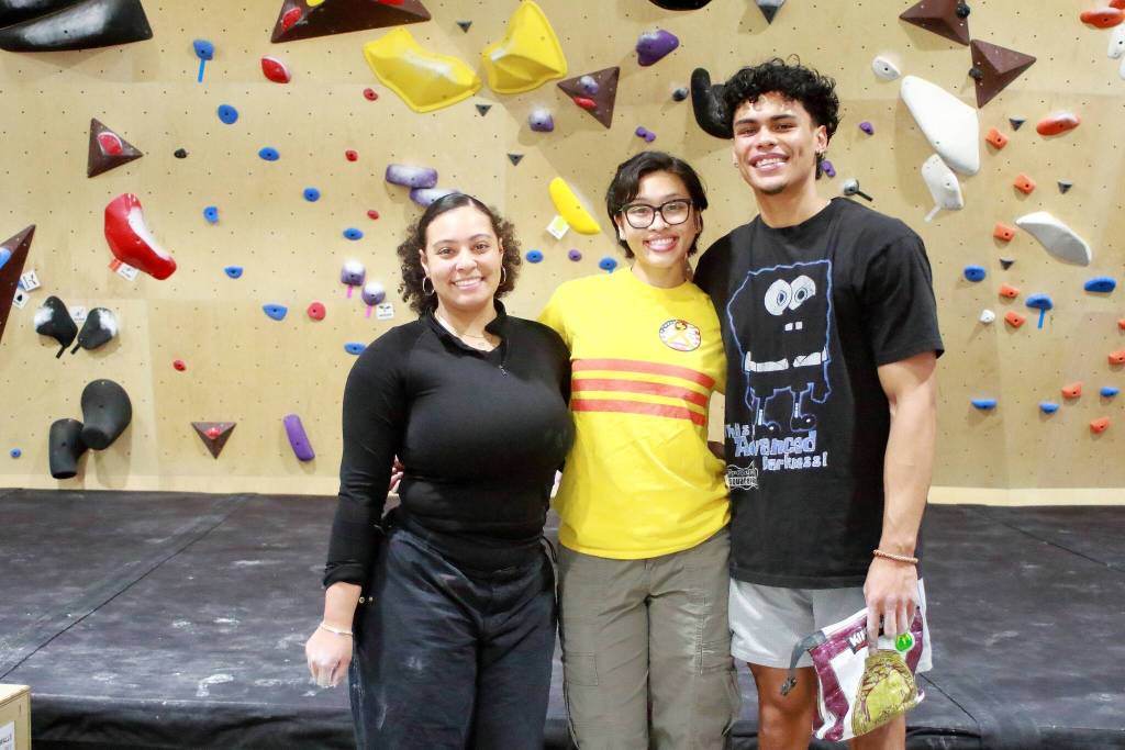 Maleah Caine, Alvina Ngo and Elijah Jackson visited Climb NORA for the first time and shared appreciation for the spaces location as a meeting point from their various cities. Photo by Keelin Everly-Lang / the Mirror