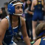 Fia Daniels looks at the ref after her win at Kentwood. Ben Ray / The Reporter