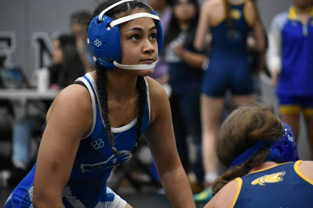 Fia Daniels looks at the ref after her win at Kentwood. Ben Ray / The Reporter