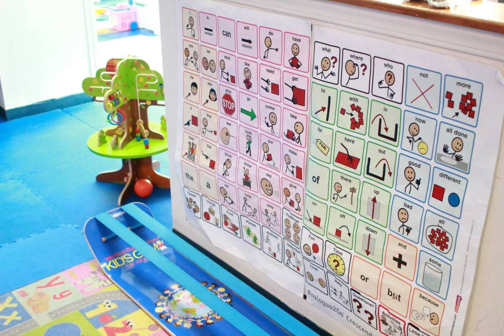 A communication board at We Rock the Spectrum is useful for communicating with visitors who have limited verbal communication skills. Photo by Keelin Everly-Lang / the Mirror