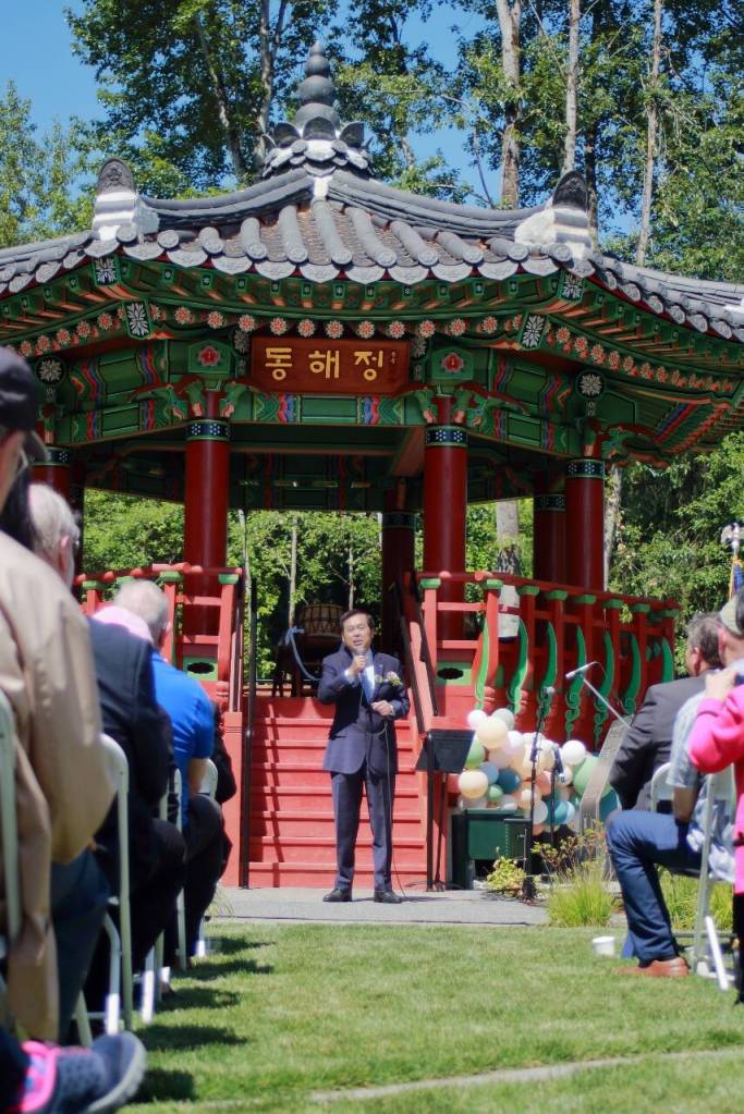 Former Federal Way Mayor Mike Park speaks at the grand opening ceremony of Hanwoori Garden on June 10. Photo by Keelin Everly-Lang / the Mirror