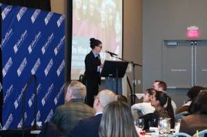 FWPS Superintendent Dr. Dani Pfeiffer shares the annual update on the school district at the Greater Federal Way Chamber of Commerce luncheon Jan. 7. Photo by Keelin Everly-Lang / the Mirror