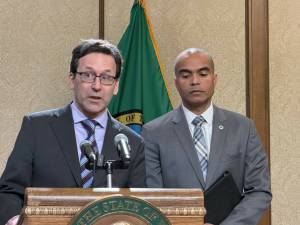 Gov. Bob Ferguson answers a question during a joint press conference with Attorney General Nick Brown Jan. 26. Photo by Cassie Diamond