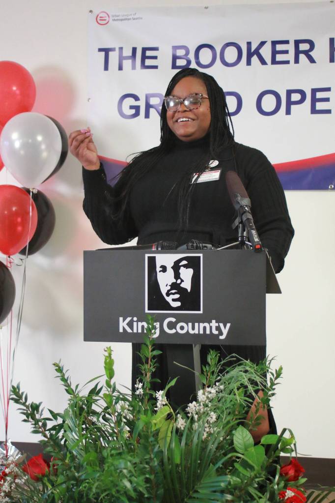 Michelle Merriweather, president and CEO of The Urban League of Metropolitan Seattle (ULMS), celebrates the accomplishment of opening Booker House and the journey it took to get there. Photo by Keelin Everly-Lang / the Mirror