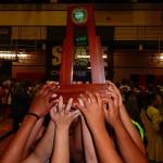 Todd Beamer cheer hoists the stomp trophy. Photo provided by Colin Sawyer.