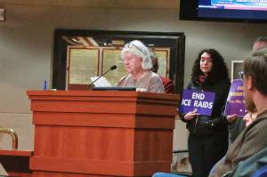 Public commentor Lana Bostic speaks in support of Councilmember Martin Moore remaining the council president and in support of the student walkouts. Photo by Keelin Everly-Lang / the Mirror