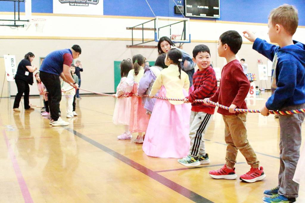 Students play tug-of-war at the Korean New Year event on Feb. 14.