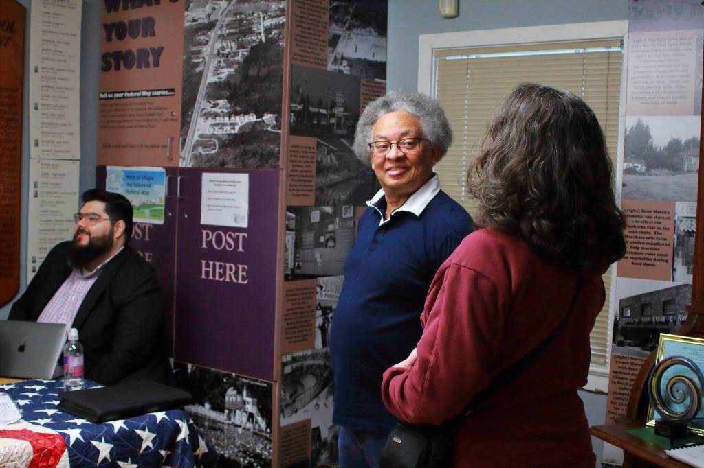 Photo by Keelin Everly-Lang / the Mirror.
Anthony Buccieri, Harold Booker and Anna Patrick at the Historical Society of Federal Way open house event on Feb. 21.