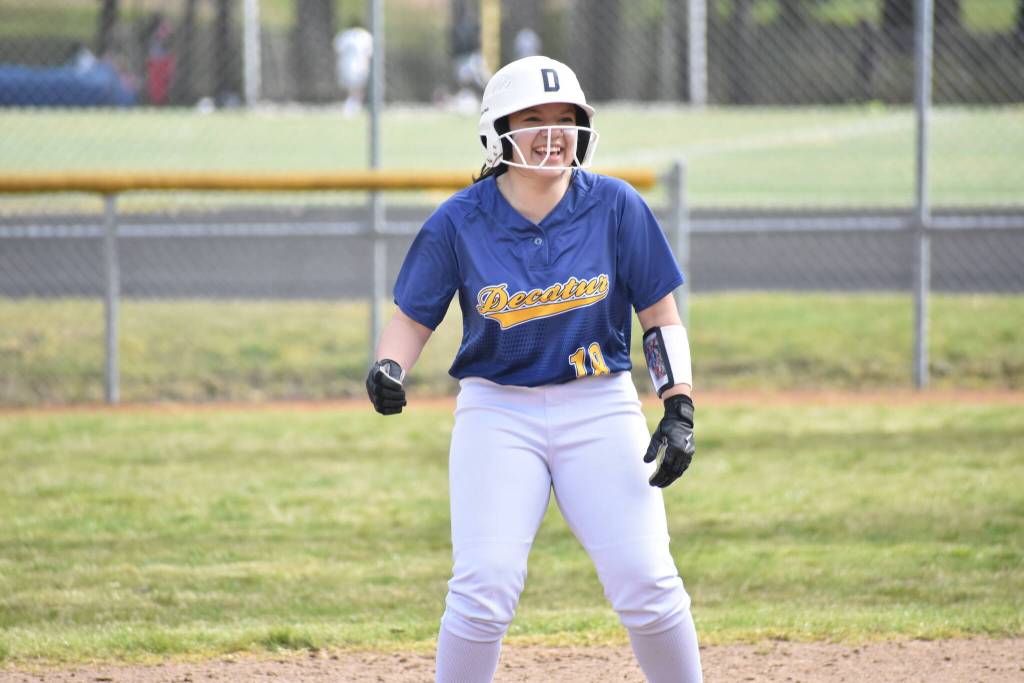 Mars Pineda laughs after hitting a double against White River. Ben Ray / The Mirror