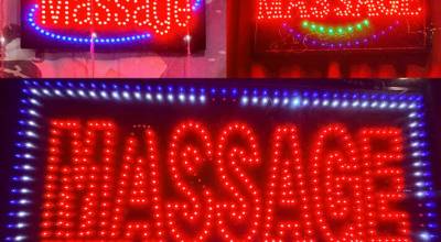 Neon signs from massage businesses in Federal Way. Photo by Joshua Solorzano/The Mirror