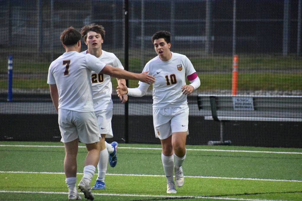 Bryan Rodriguez-Pena gets a high five after scoring White Rivers fifth goal of the game. Ben Ray / The Mirror