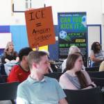 Photos by Keelin Everly-Lang / the Mirror
A participant at the Federal Way town hall holds a sign comparing ICE agents to the gestapo.
