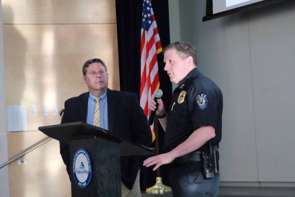 Photos by Keelin Everly-Lang / the Mirror
Mayor Jim Ferrell and FWPD Cmdr. Michael Coffey speak to the public at the April 30 town hall in Federal Way.