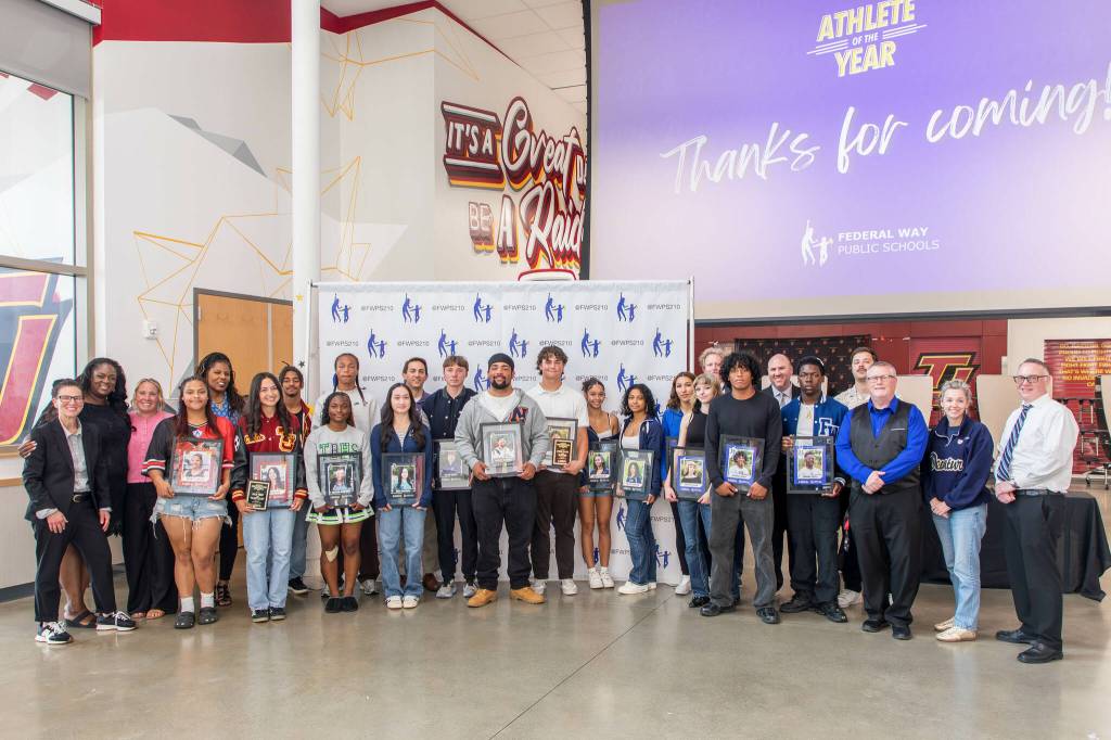 All 16 nominees stand together following the athlete of the year ceremony. Photo provided by FWPS.