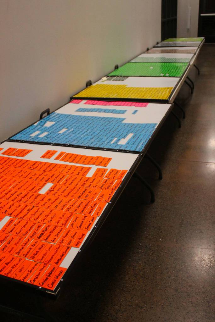 Photos by Keelin Everly-Lang / the Mirror (2023)
Drop in to play basketball once at the Sports Ministry and you have a place to belong forever. This table of nametags is one of the ways the program builds connection at their drop in basketball night at Northwest Church in Federal Way.